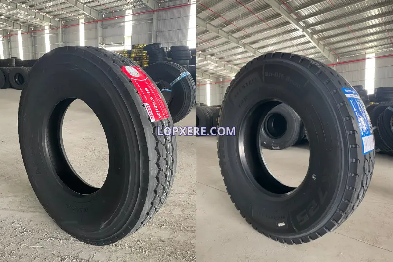Mẫu lốp 12r22.5 gai xuôi hỗn hợp Toprunner (trái) và Konstrukta (phải)