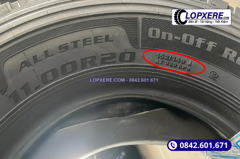 Vỏ xe 1100r20 với chỉ số tải 152/149 theo khung tham chiếu
