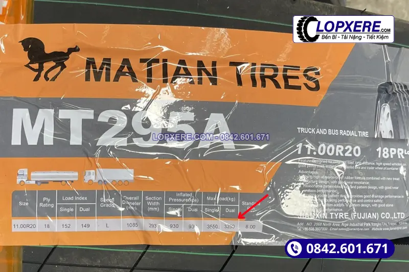 Lốp xe tải MT295A 11.00r20 với tải trọng niêm yết 3,2 - 3,5 tấn/lốp