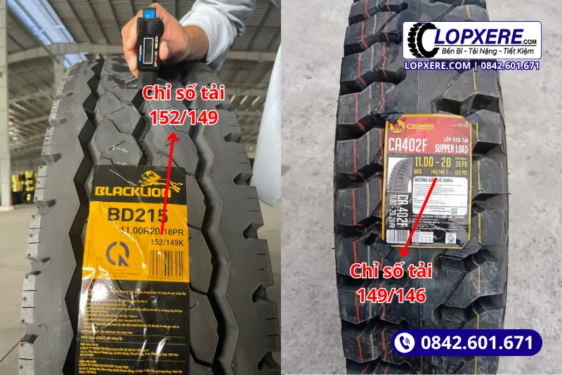 Lốp xe 11.00r20 (Radial) bên trái và lốp xe 11.00-20 (Bias) bên phải